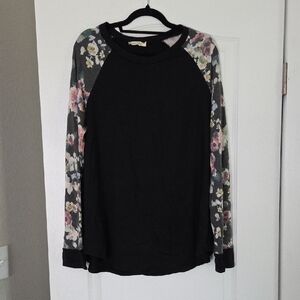 First Looks Black Long Sleeve Top with Floral Sleeves Size 1XL